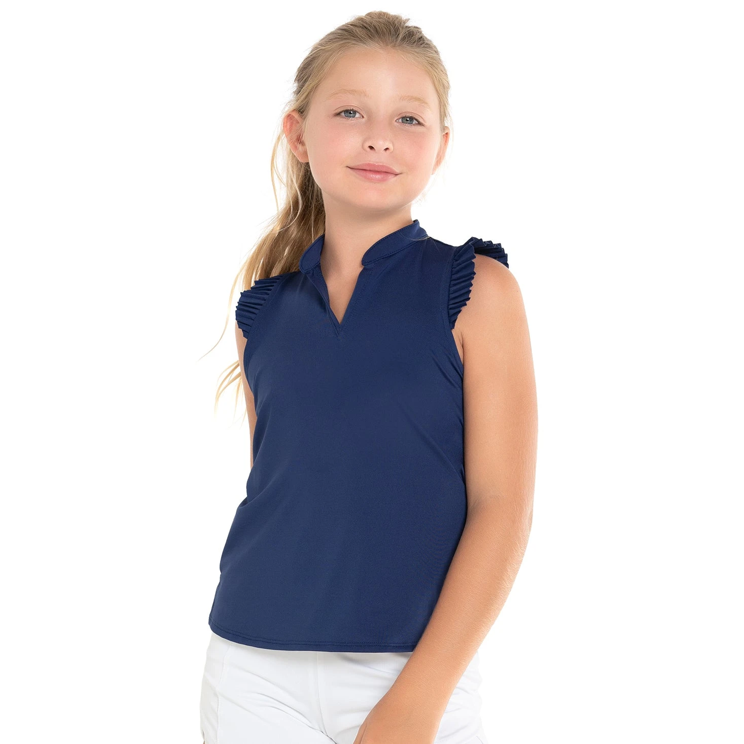 Lucky In Love Pleat Me Up Girls Sleeveless Golf Polo 1 Lucky In Love Pleat Me Up Girls Sleeveless Golf Polo